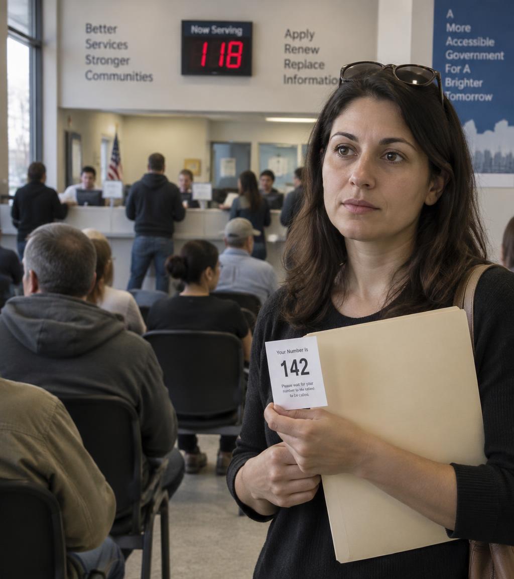 A woman holding a folder and queue ticket 142 in a crowded government office while the display shows 118